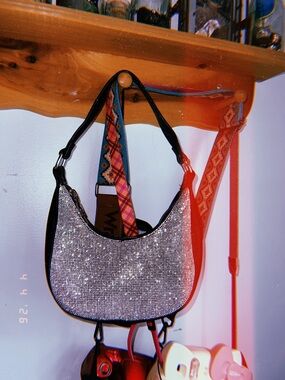 Bedazzled Hobo Shoulder Bag with - Silver